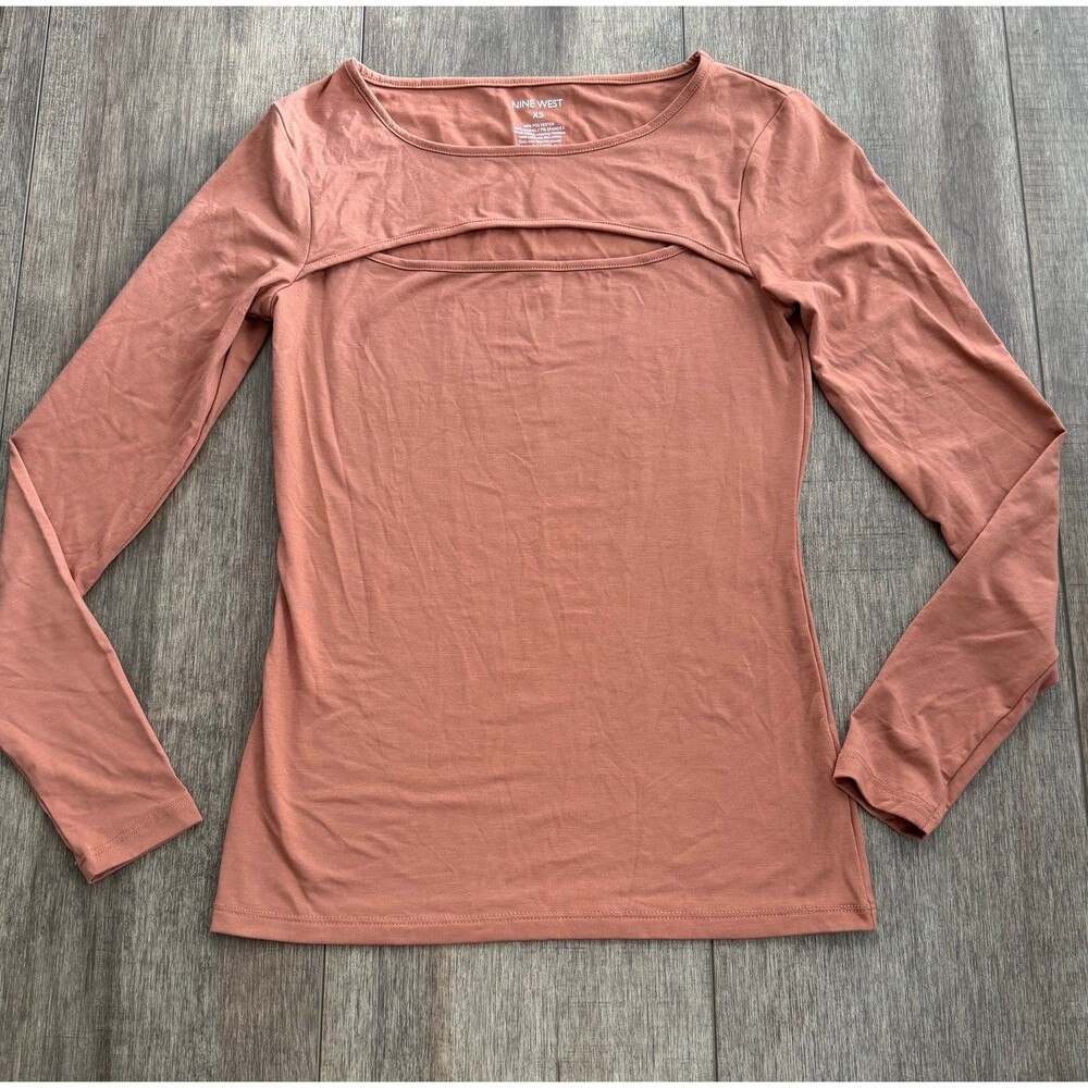 Nine West Rust Orange Long Sleeve Cutout Top Chest Keyhole Knit Shirt Jersey Bas